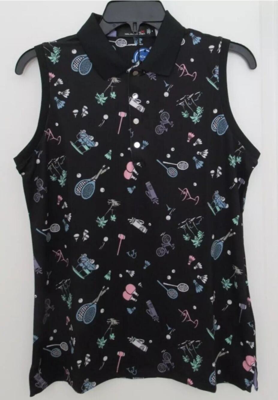 $90 RLX Ralph Lauren Sleeveless Golf Polo Printed Airflow Black Deco Womens Sz L